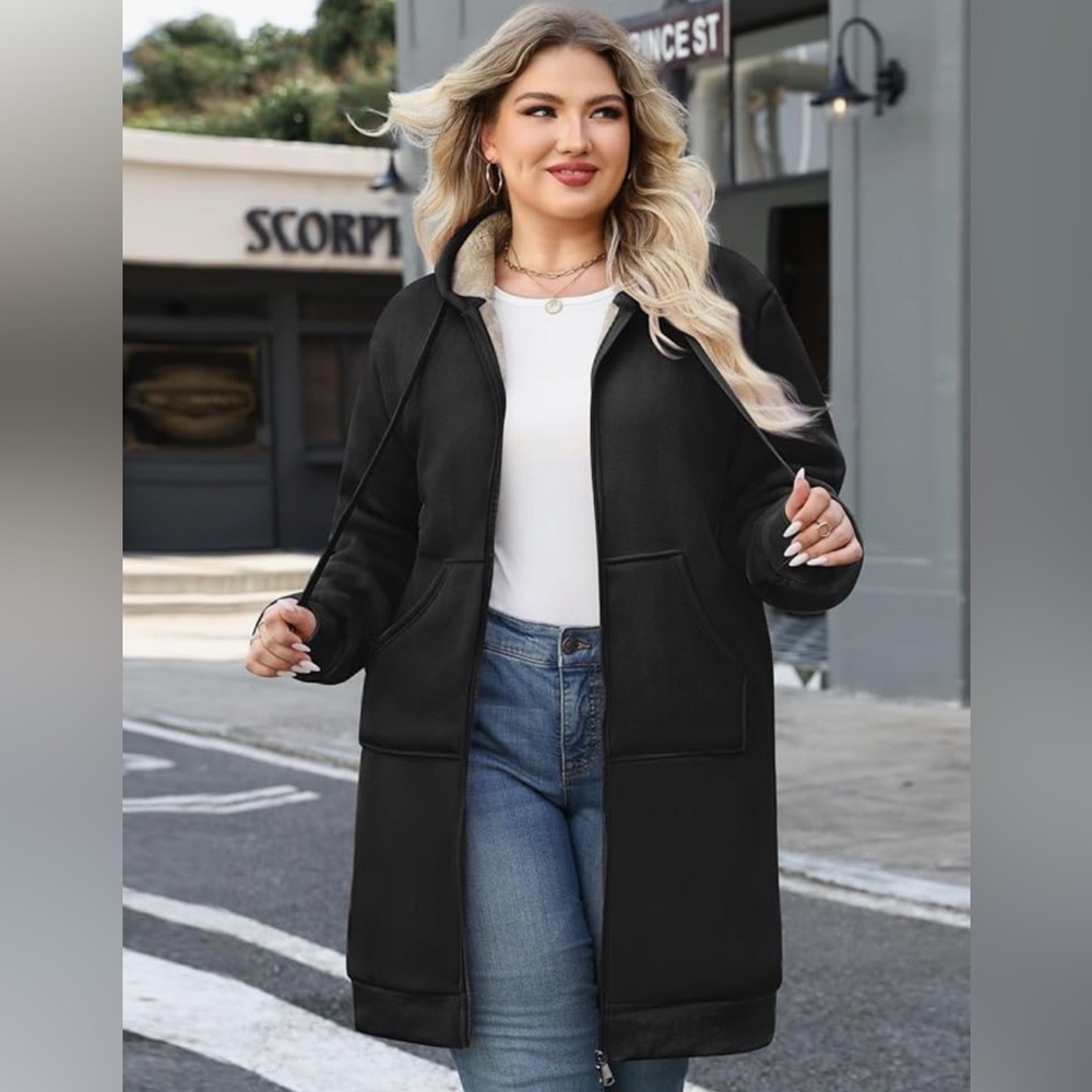 Plus Size  Black, Zip up Long Jacket/Coat. Winter Hooded Outer wear Size XXL - Picture 3 of 8